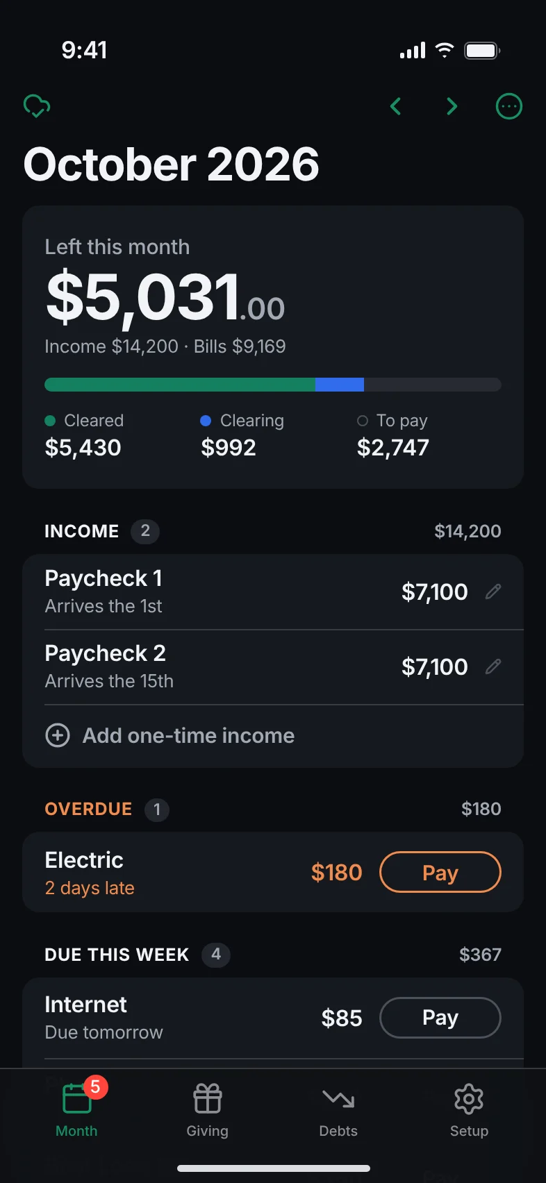 The Month screen: $5,031 left this month, income, one overdue bill and bills due this week, each with a Pay button.