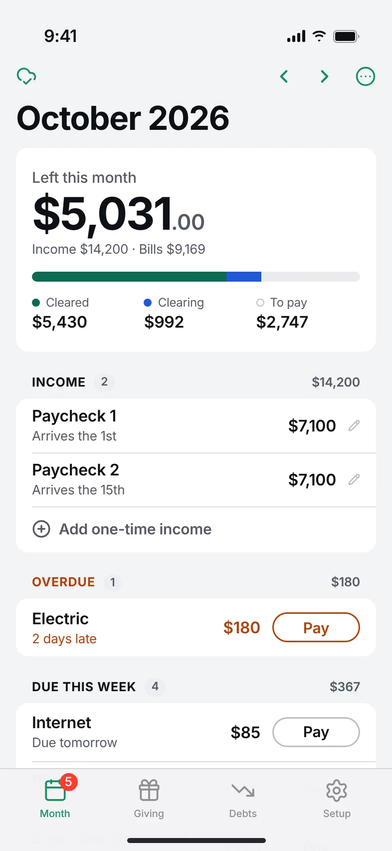 The Month screen: $5,031 left this month, income, one overdue bill and bills due this week, each with a Pay button.
