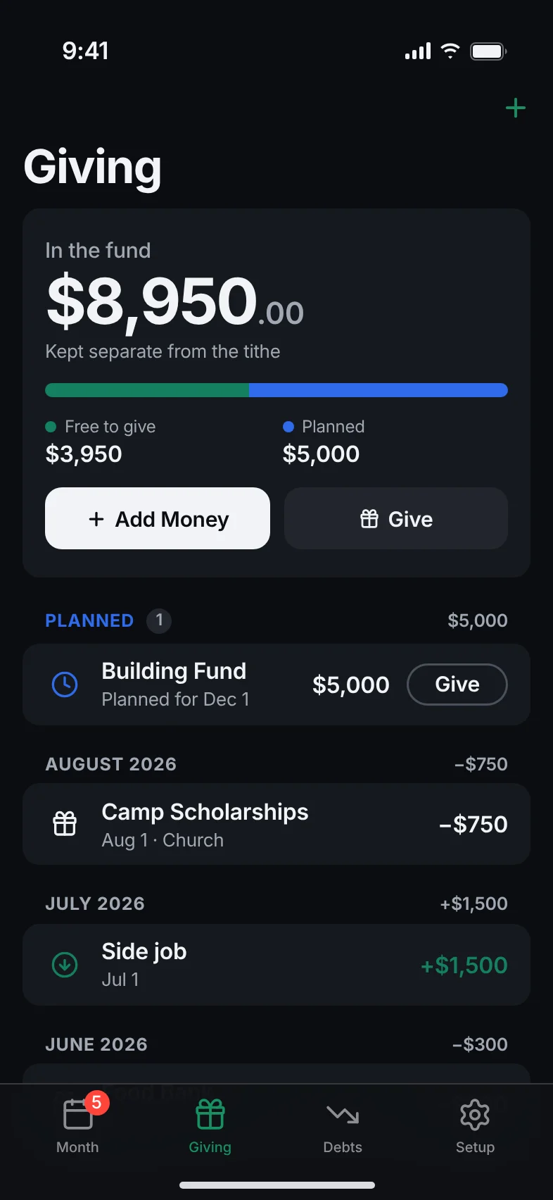 The Giving screen: $8,950 in the fund, $3,950 free to give and a planned gift.