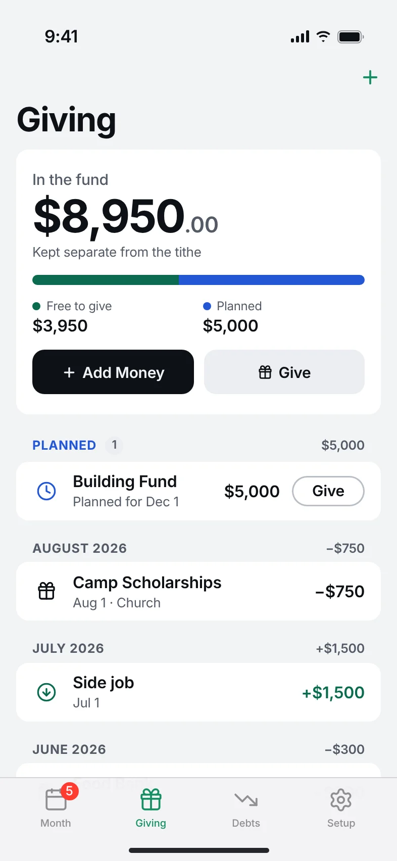The Giving screen: $8,950 in the fund, $3,950 free to give and a planned gift.