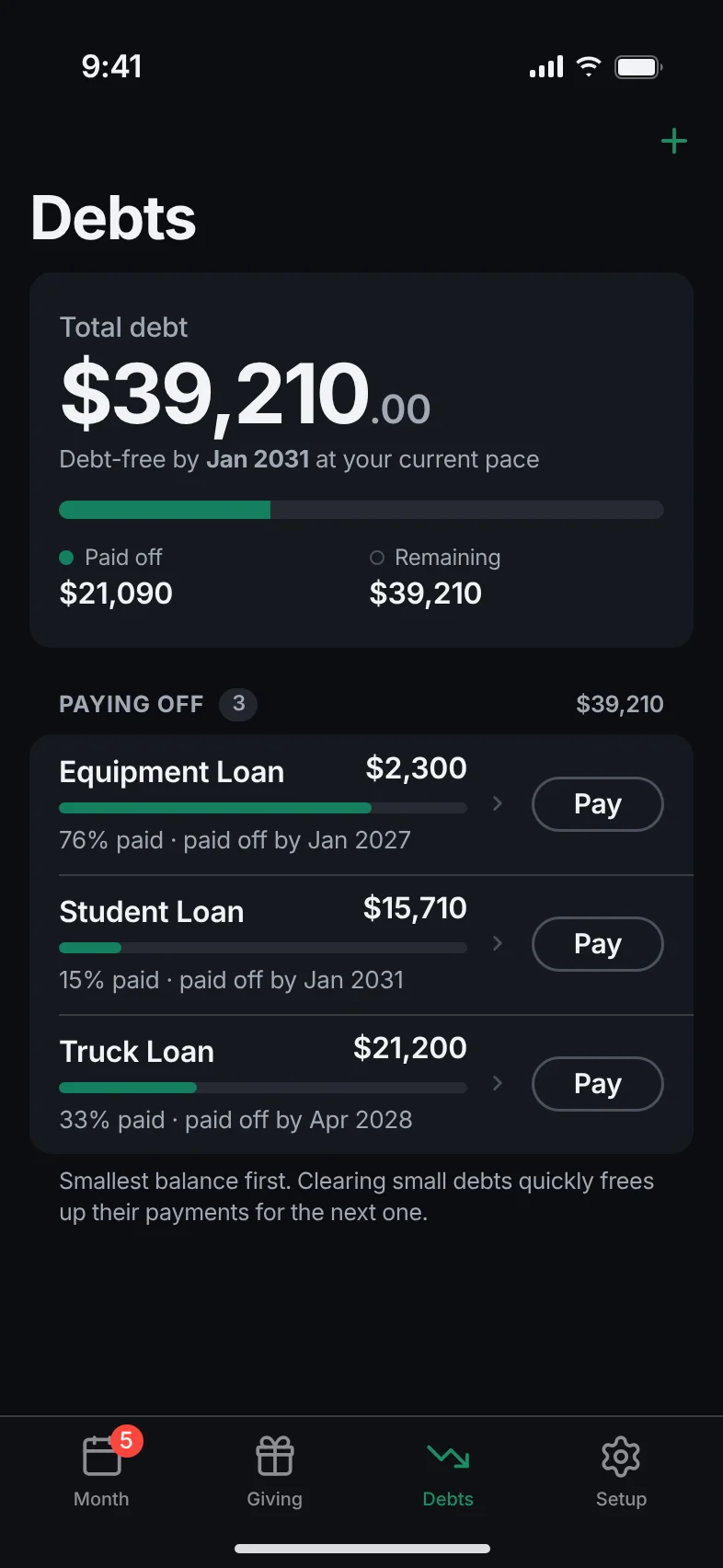 The Debts screen: total debt with a debt-free date, and three loans with progress bars and Pay buttons.