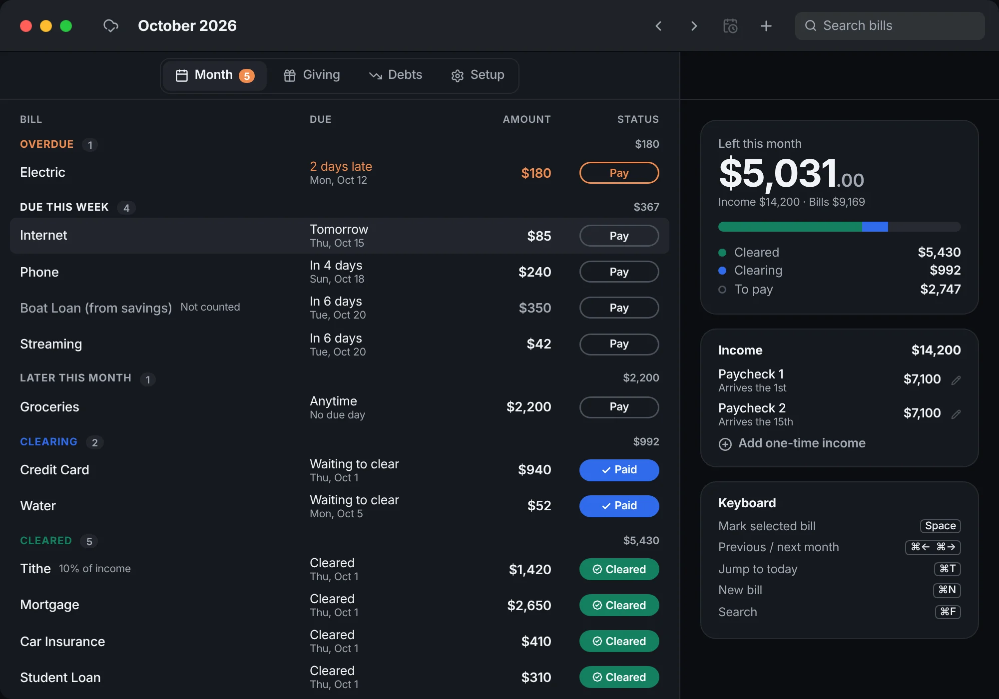 The Mac version: bills grouped by urgency with Pay, Paid and Cleared buttons, and a summary panel on the right.