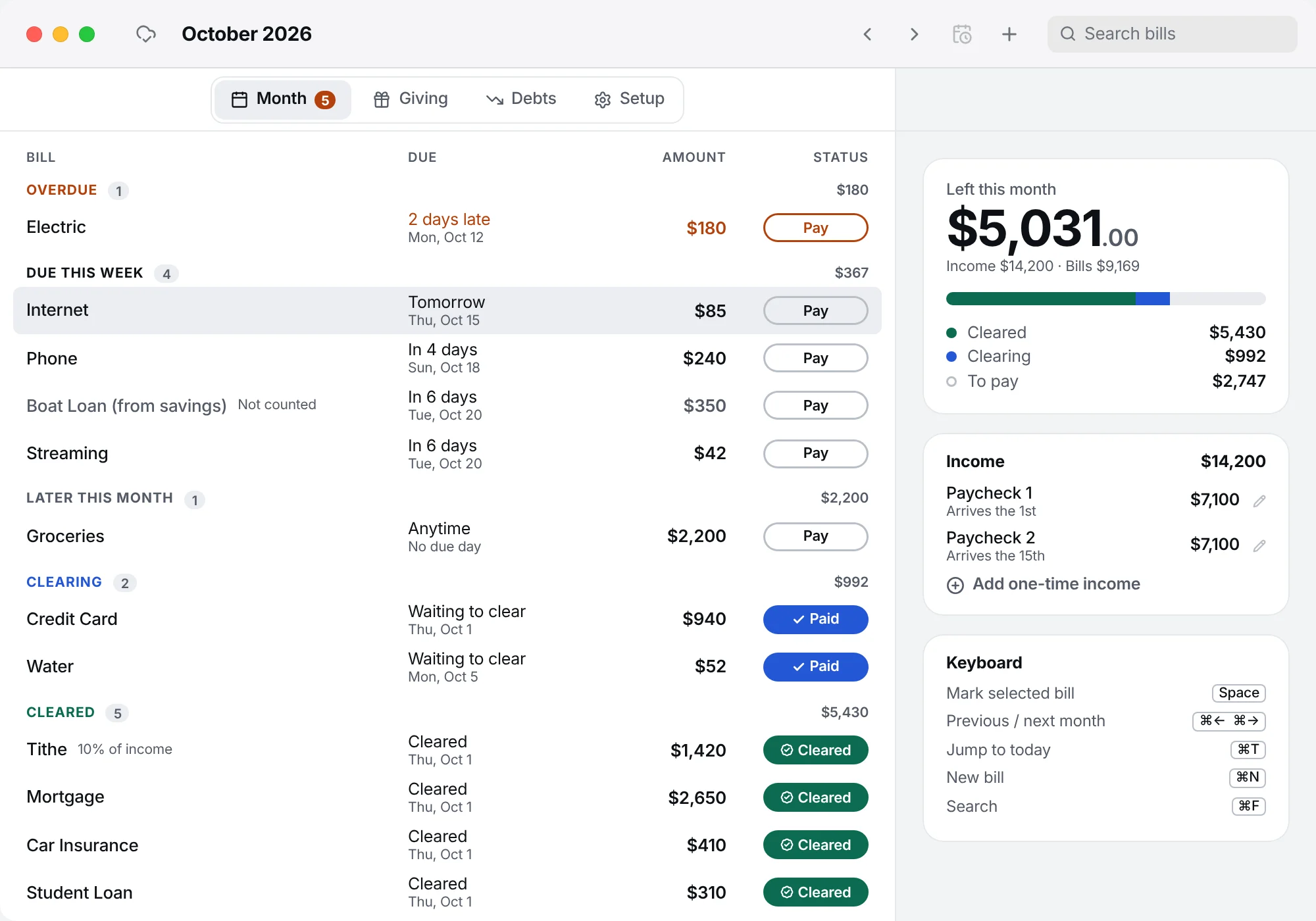 The Mac version: bills grouped by urgency with Pay, Paid and Cleared buttons, and a summary panel on the right.