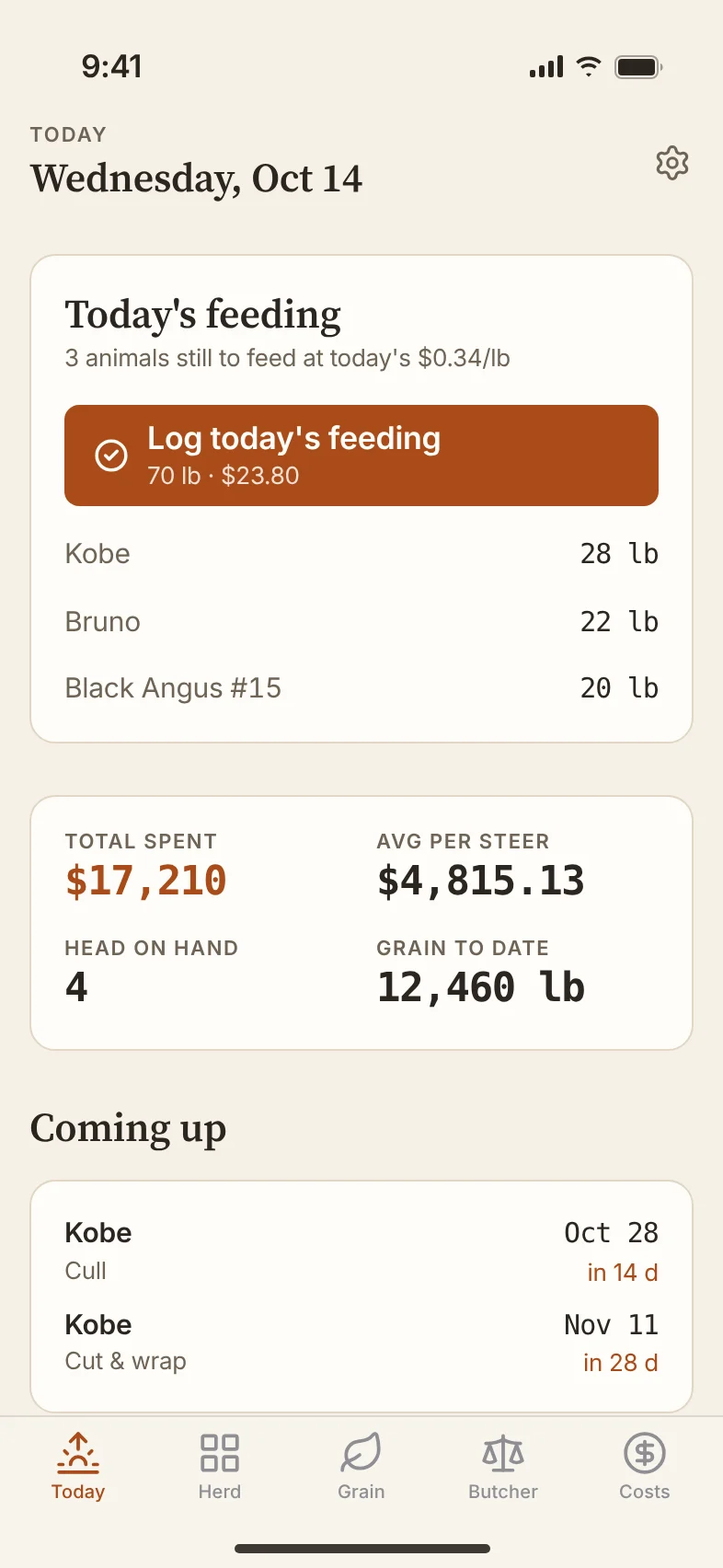The Today screen: a Log today's feeding button, totals for the herd and upcoming cull and cut-and-wrap dates.