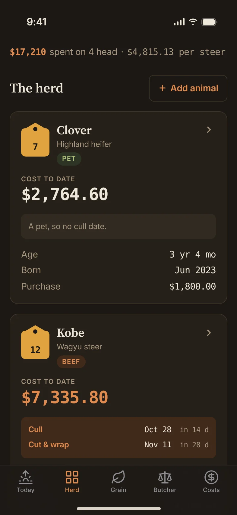 The Herd screen: cards for Clover, a Highland pet, and Kobe, a Wagyu steer, each with an ear tag and cost to date.