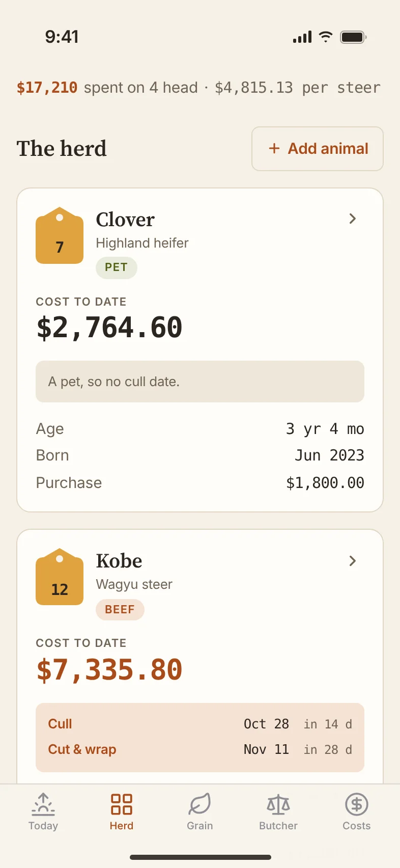 The Herd screen: cards for Clover, a Highland pet, and Kobe, a Wagyu steer, each with an ear tag and cost to date.