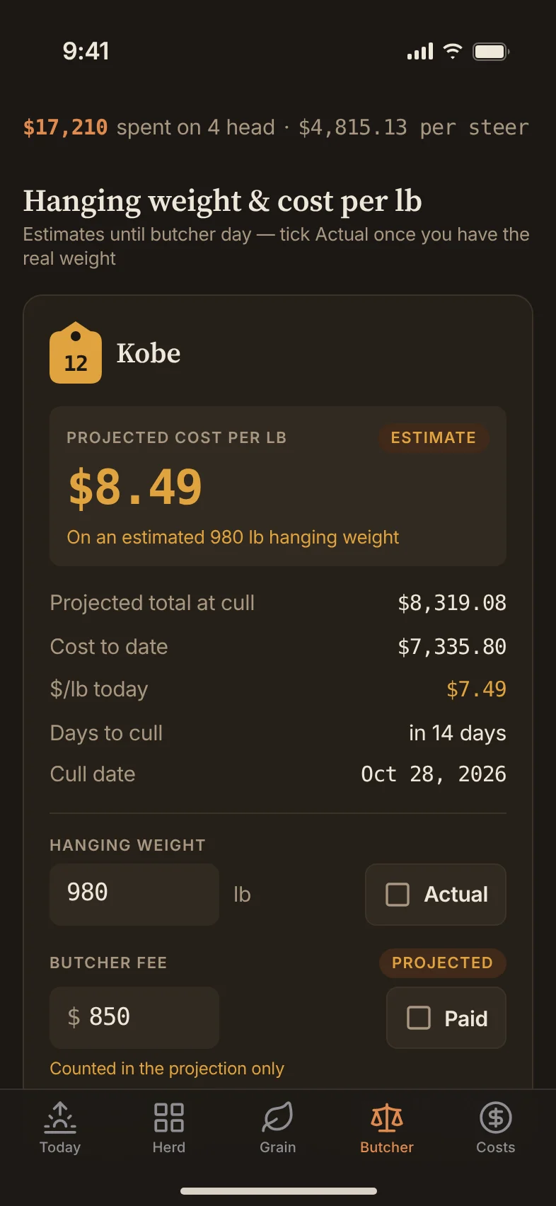The Butcher screen: Kobe's projected cost per pound, hanging weight and butcher fee.
