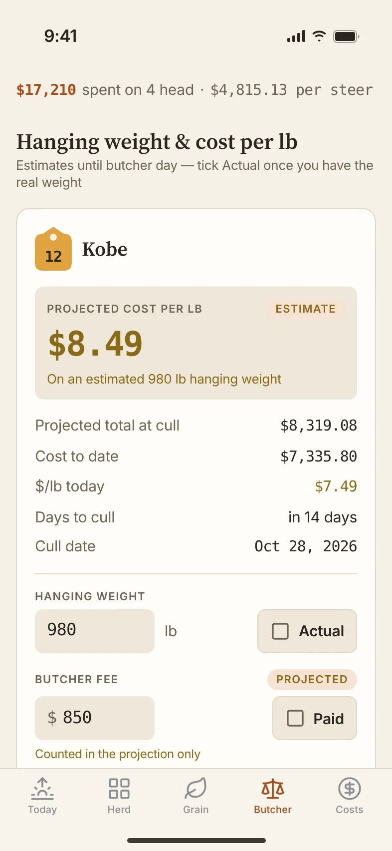 The Butcher screen: Kobe's projected cost per pound, hanging weight and butcher fee.