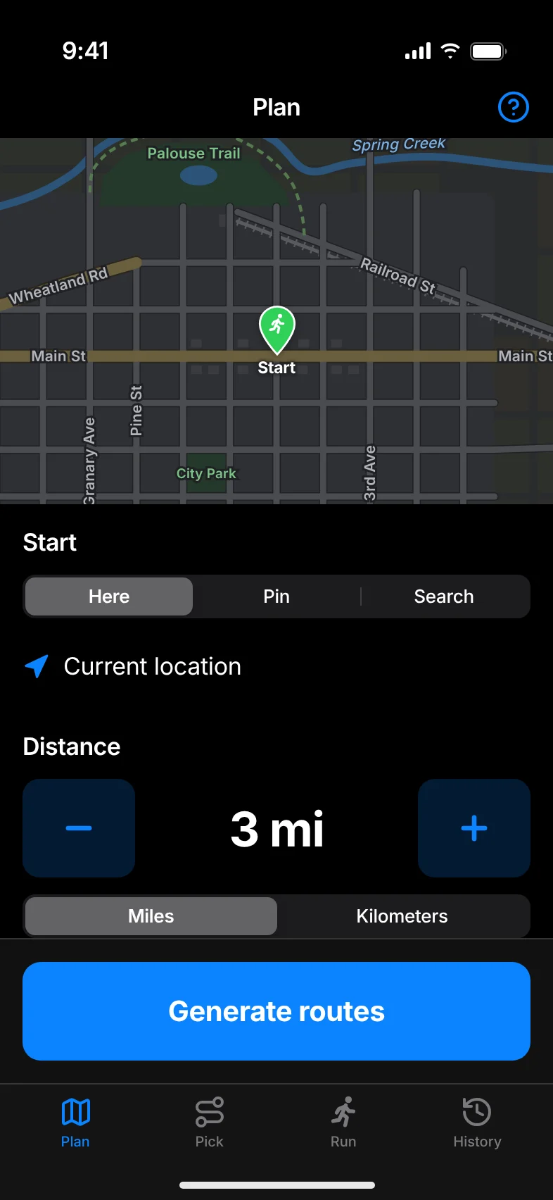 The Plan screen: a map with a start pin, Here, Pin and Search options, a 3 mile distance and a Generate routes button.