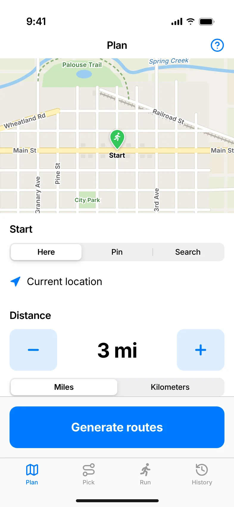 The Plan screen: a map with a start pin, Here, Pin and Search options, a 3 mile distance and a Generate routes button.