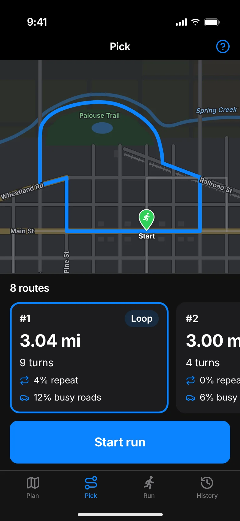 The Pick screen: a highlighted 3.04 mile loop on the map, with route cards showing turns, repeat and busy roads.