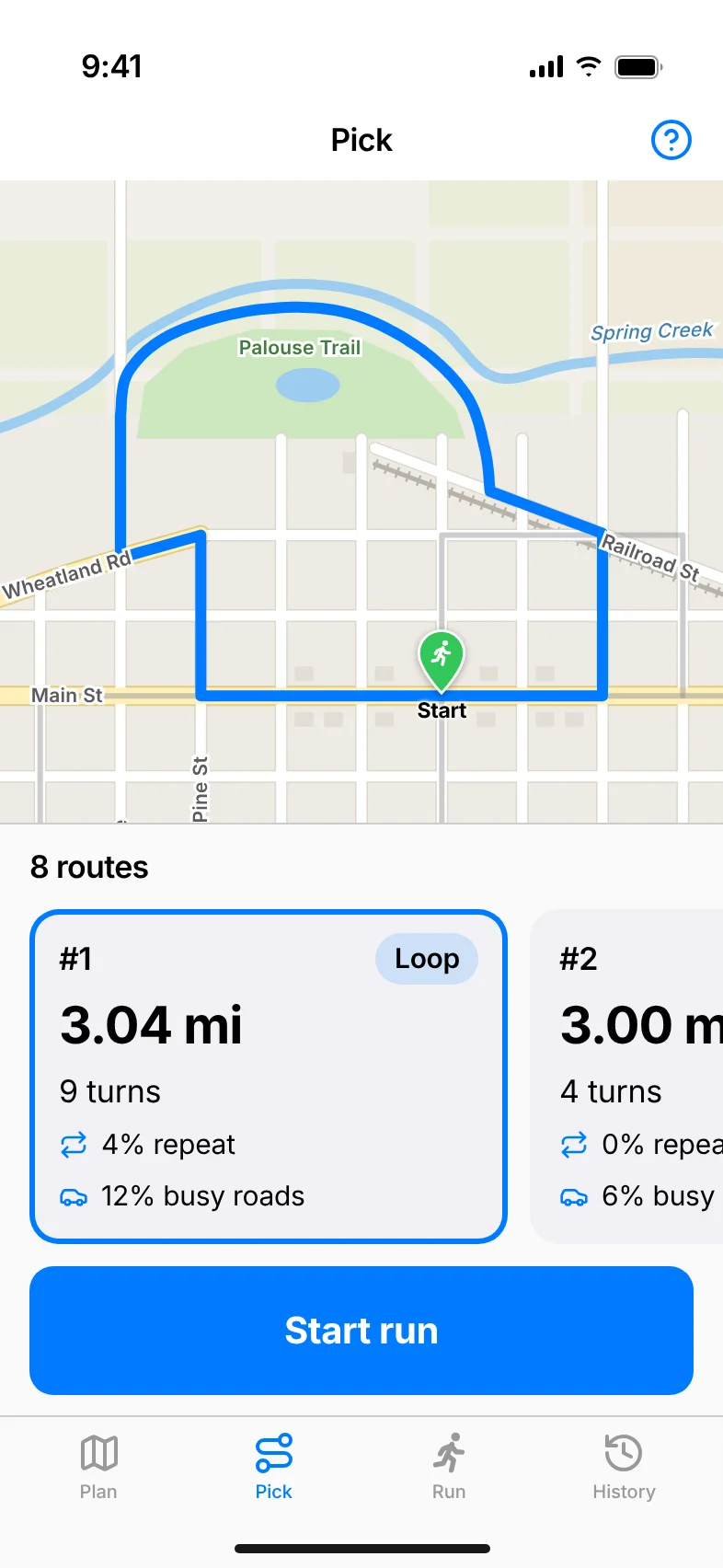 The Pick screen: a highlighted 3.04 mile loop on the map, with route cards showing turns, repeat and busy roads.