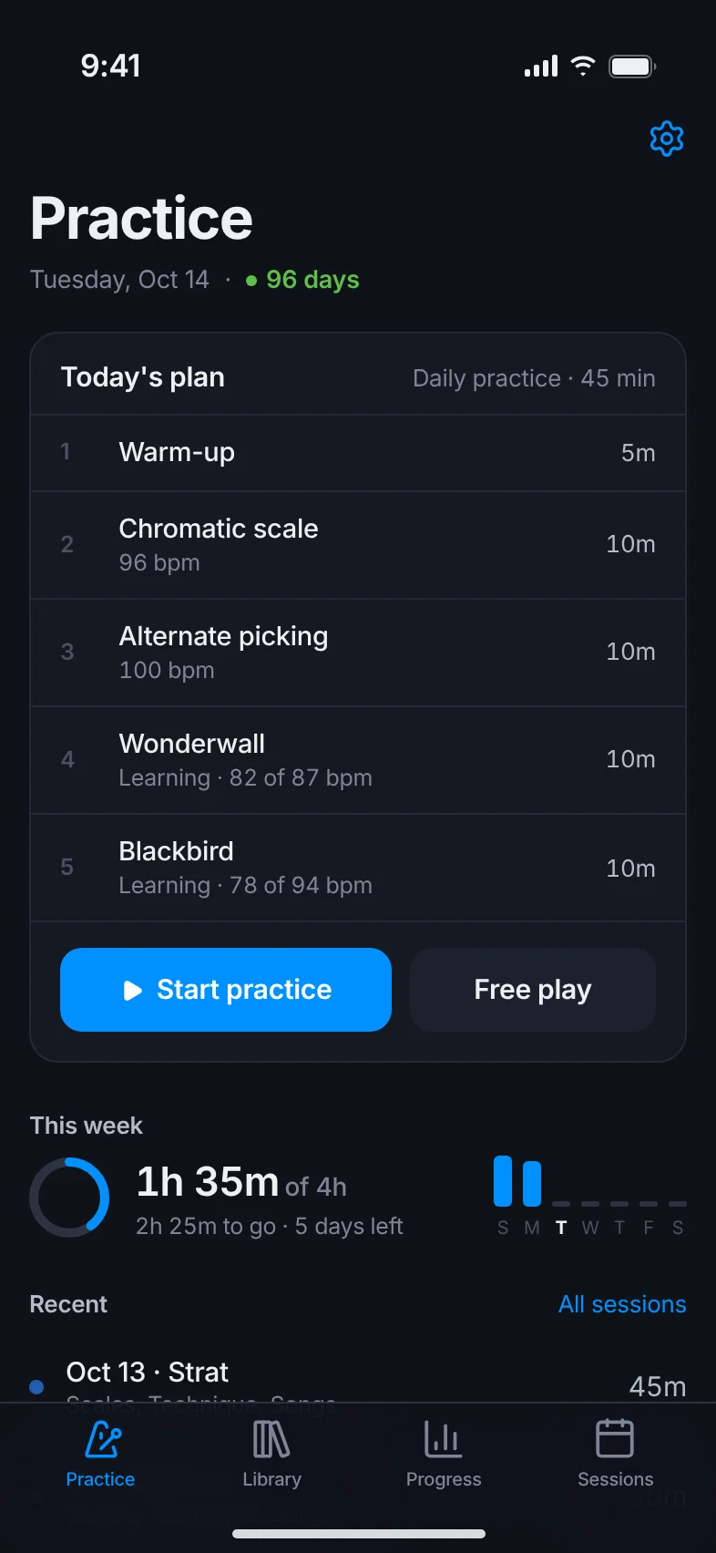 The Practice screen: today's five-step plan with a Start practice button, this week's goal ring and recent sessions.