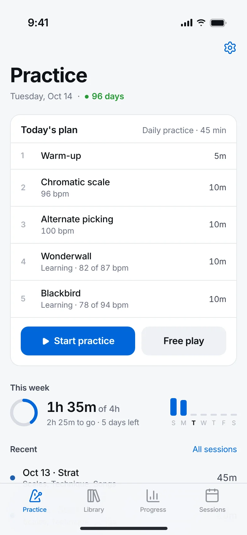 The Practice screen: today's five-step plan with a Start practice button, this week's goal ring and recent sessions.