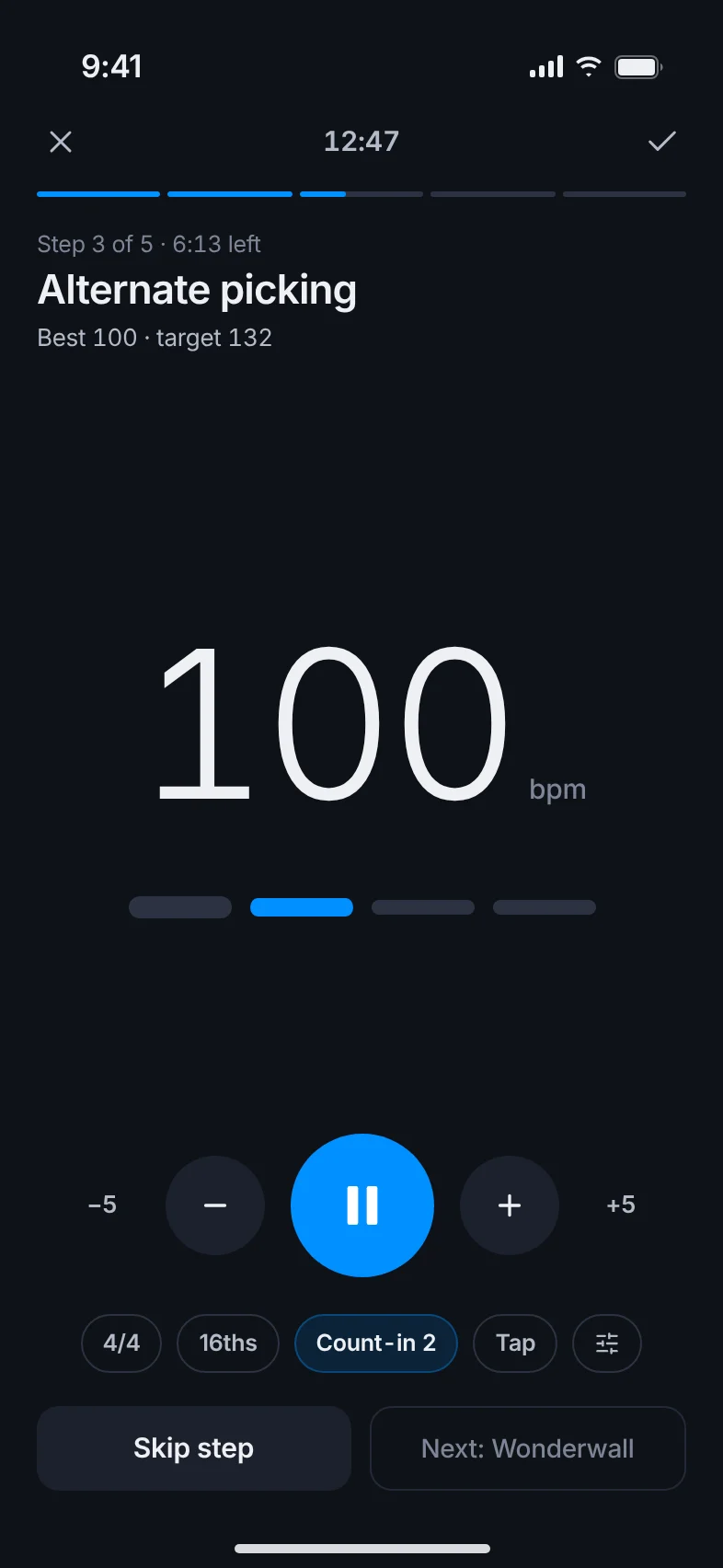 A guided practice session: step 3 of 5, Alternate picking, with a large 100 bpm metronome and play controls.