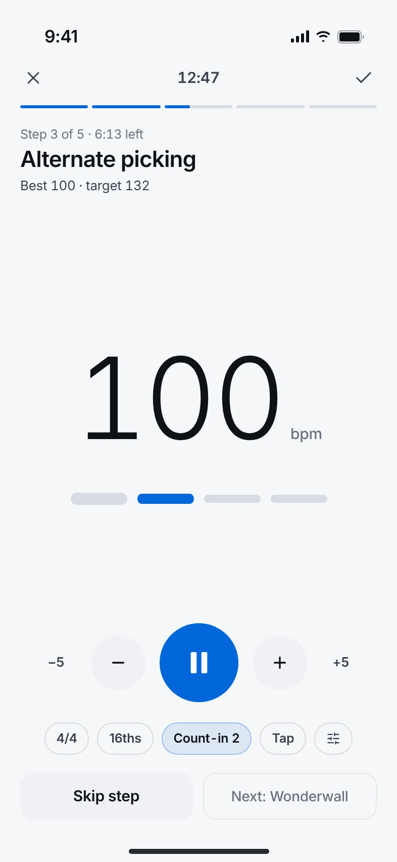 A guided practice session: step 3 of 5, Alternate picking, with a large 100 bpm metronome and play controls.