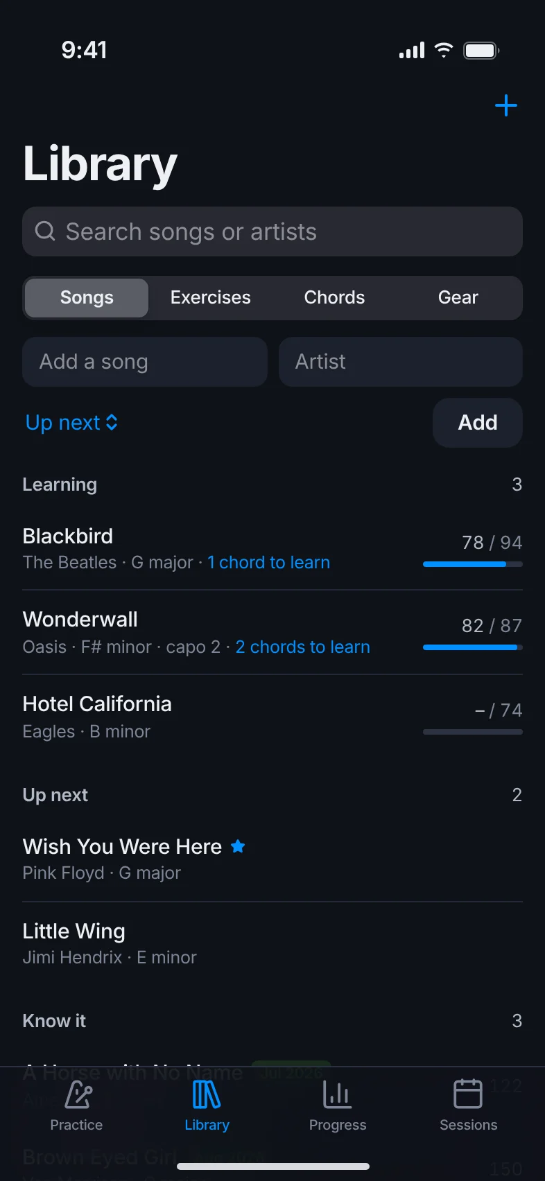 The Library screen: songs grouped into Learning, Up next and Know it, with tempo meters.