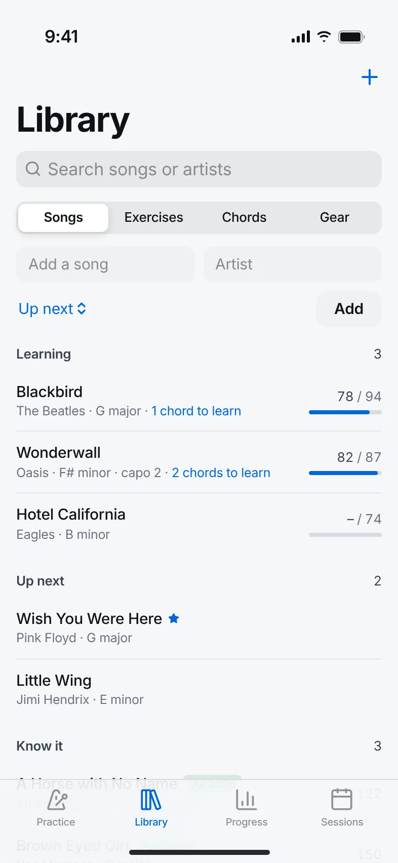 The Library screen: songs grouped into Learning, Up next and Know it, with tempo meters.